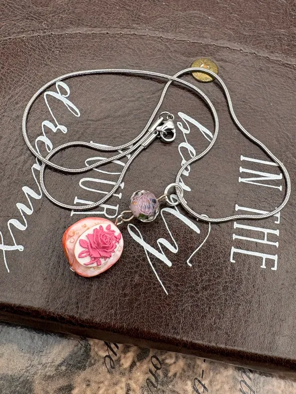 Y2K Handmade Pink Cameo Shell Necklace Cottagecore Romantic Pendant - Image 4