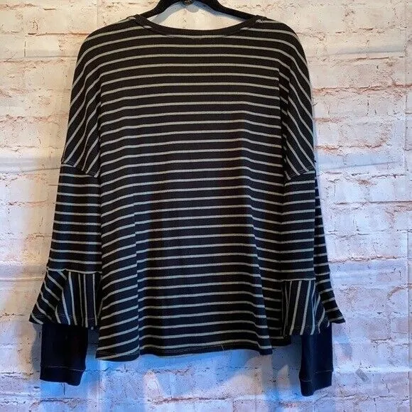 Free people round about tee long sleeve stripe L Large black green peplum casual - Image 7