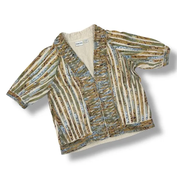 Chicos Shirred Cut Away Art To Wear Short Sleeve V Neck Jacket Tan Multi‎ Large - Image 11