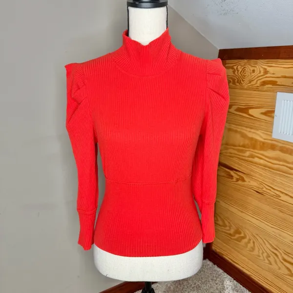 Free People Lala Cropped Puff Sleeve Mock Neck Ribbed Top Red Large L OB861565 - Image 2