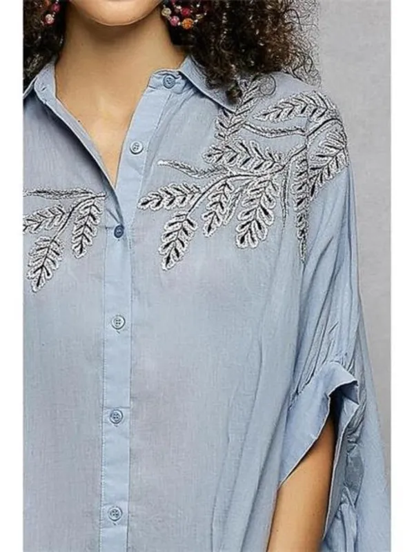 POL Button Down Embroidered‎ Floral High-Low Hem Shirt - Image 6