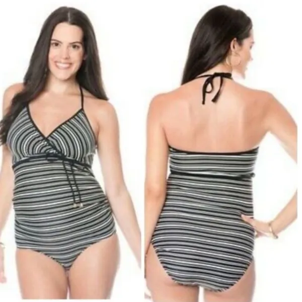 Motherhood Maternity Black‎ White Striped Halter One Piece Swimsuit Size Medium - Image 2