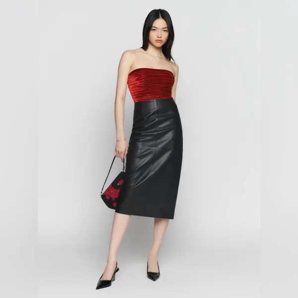 Reformation Addie Ruched Smocked Strapless Velvet Top in Blood Orange Size 4‎ - Image 5