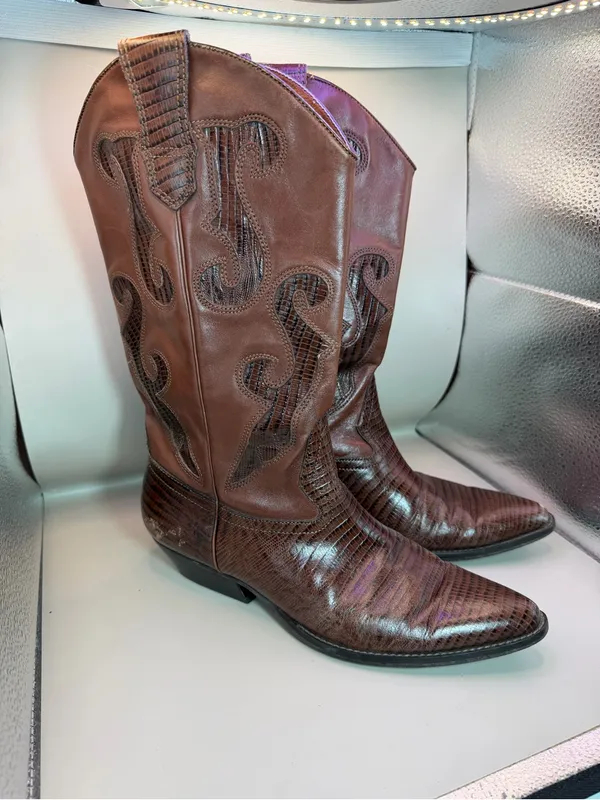 Nine West Romnee Brown Lizard Leather Cowboy Boots Sz 8 Made Brazil - Image 2