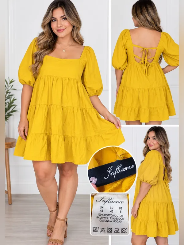 Influence Mustard Yellow Tiered Mini Dress with Square Neck Size 12 - Image 2