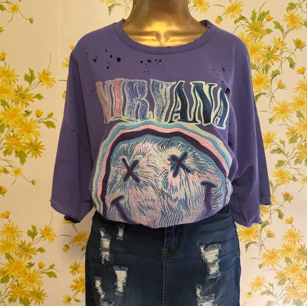 Nirvana NWT oversized distressed short sleeve graphic T shirt dress size L/XL - Image 6