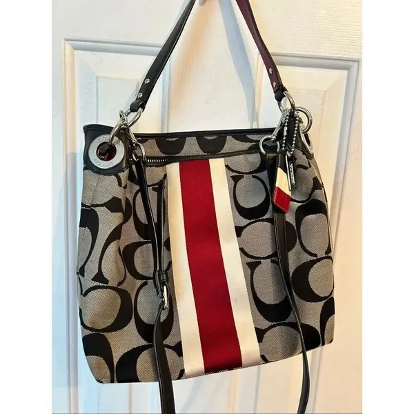 COACH Signature Hampton Stripe Purse Classic Logo Shoulder Bag Black Red White 1 - Image 3