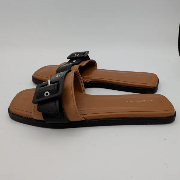 Anthropologie‎ Women Tan Black Leather Buckle Slide Sandals Square Toe Size 37 - Image 3