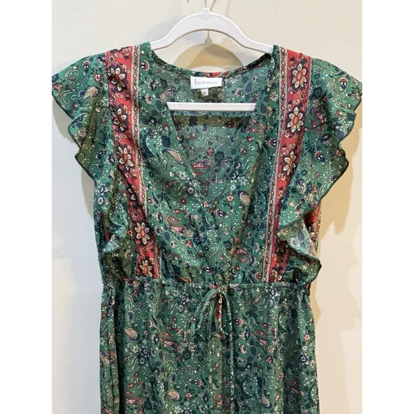 Boemo Ruffle Prairie Floral Green Paisley Maxi Dress V-Neck Ruffle Size Medium - Image 4