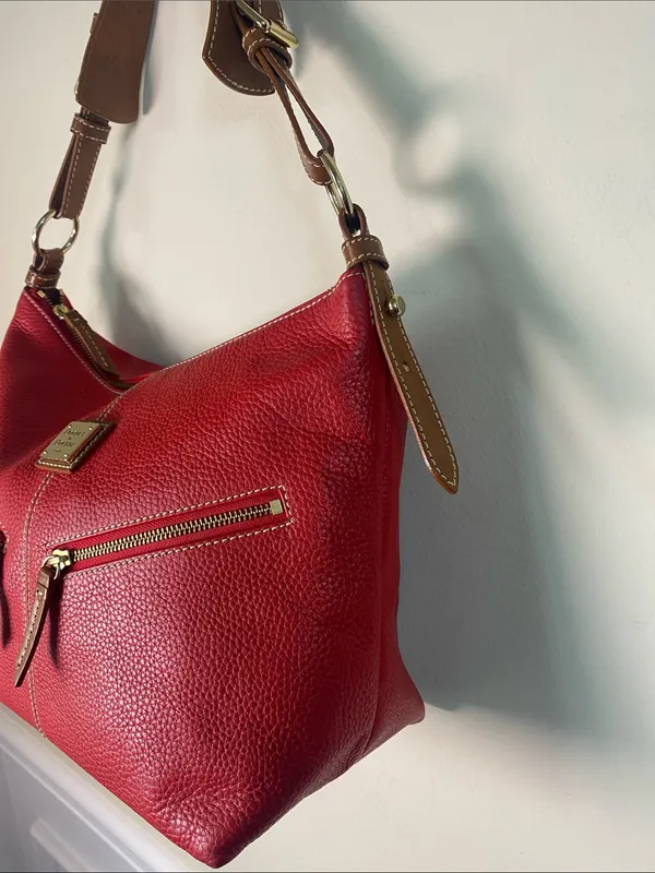 Dooney & Bourke Red Pebbled Mary Leather Shoulder Bag with Tan Strap - Image 2