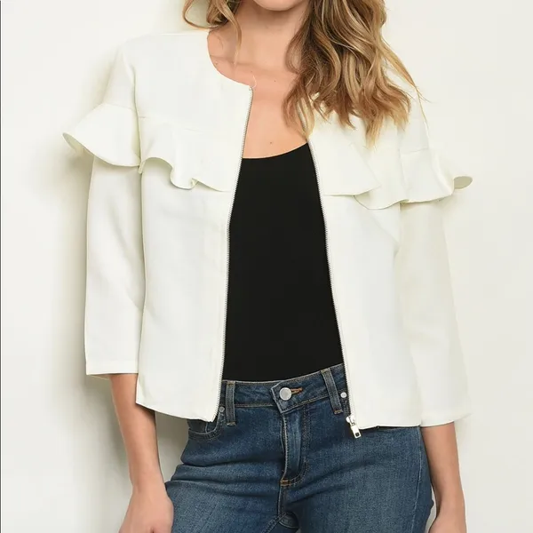 Ivory Ruffle Jacket Lightweight Zip Front Cropped Blazer Lined Size Small NWT White - Image 2