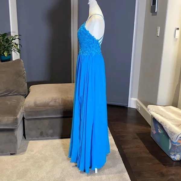 Women’s Blue Prom Party Dress Full Length with Leg Slit 4 **READ DESCRIPTION - Image 3