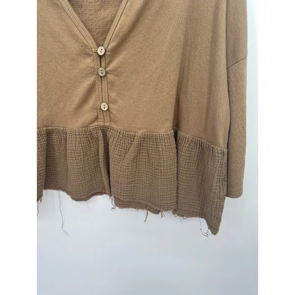 Ice Bird Camel Gauze Peplum Top Boho‎ Oversized Raw Hem Cottagecore Sz M - Image 4