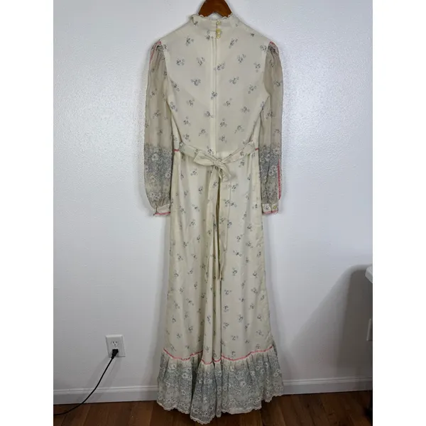 Vintage 70s Floral Prairie Maxi Dress Lace Trim Cottagecore Sheer Sleeve Cream - Image 2