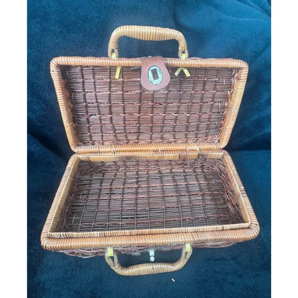 Vintage Wicker Rattan Box Purse Structured Top Handle Basket Handbag - Image 3