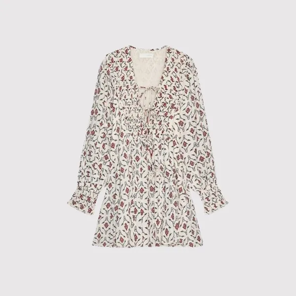 ZARA Mini Dress Beige Floral Puff Sleeve V Neck Lace Up Ruffle A Line Boho XS - Image 2