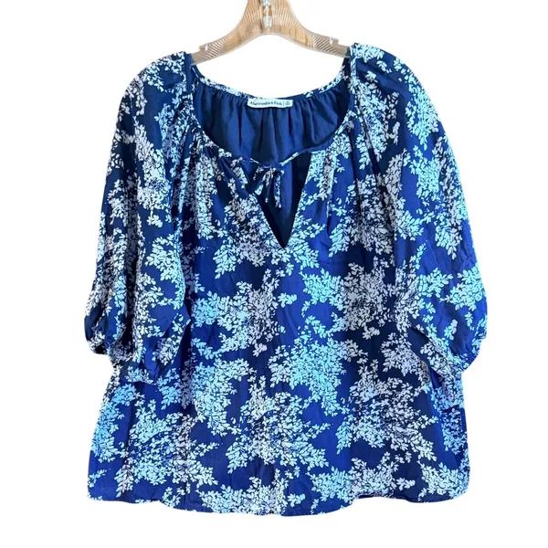 Abercrombie Fitch Size Xl Women Jade Blue White Floral Print 3/4 Sleeve‎ Boho - Image 2