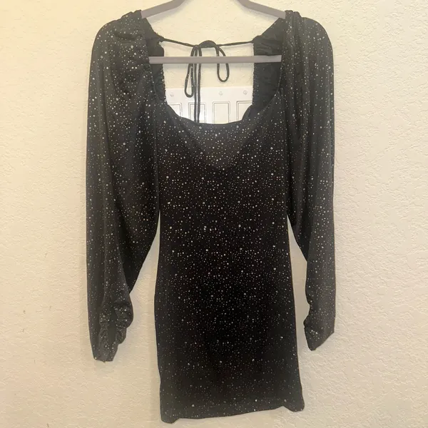 Lucy In The Sky Small Black Sparkle Long Sleeve Ruffle Bodycon Mini Formal Dress - Image 2