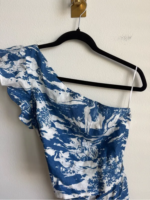 Reformation Toscana One Shoulder Wrap Linen Mini Dress Blue White Size 4 - Image 7