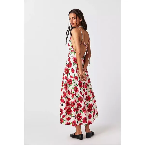 Free People White Floral Slip Midi Dress with Red & Green Print - Image 2