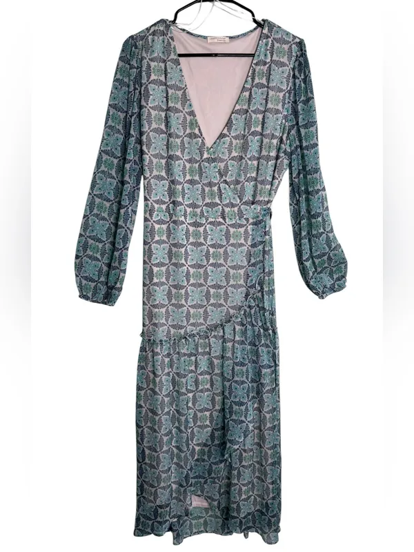Lovestitch Rio Blue Patterned Maxi Wrap Dress Size L EUC Boho Chiffon - Image 2