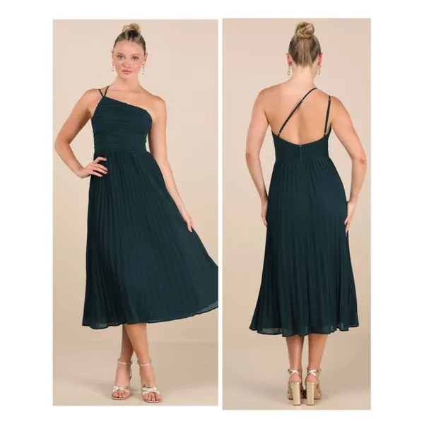Lulus Wondrous Muse Emerald Pleated One-Shoulder Midi Dress Size XL NWT Wedding - Image 2