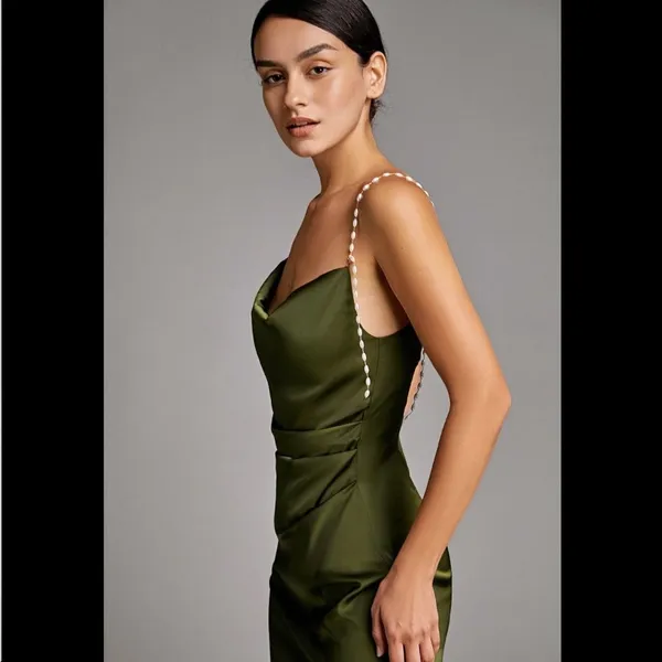 Elegant Olive Green Satin Dress - Image 5