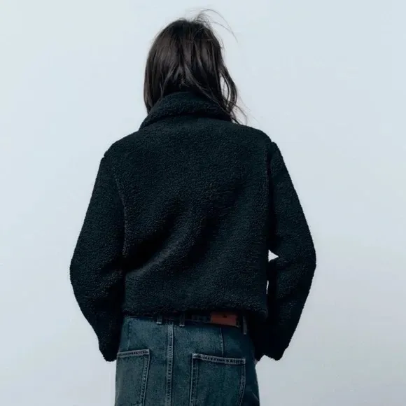 ZARA Black Sherpa Fuzzy Fleece Teddy‎ Coat Faux Shearling Snaps Pockets Small - Image 8