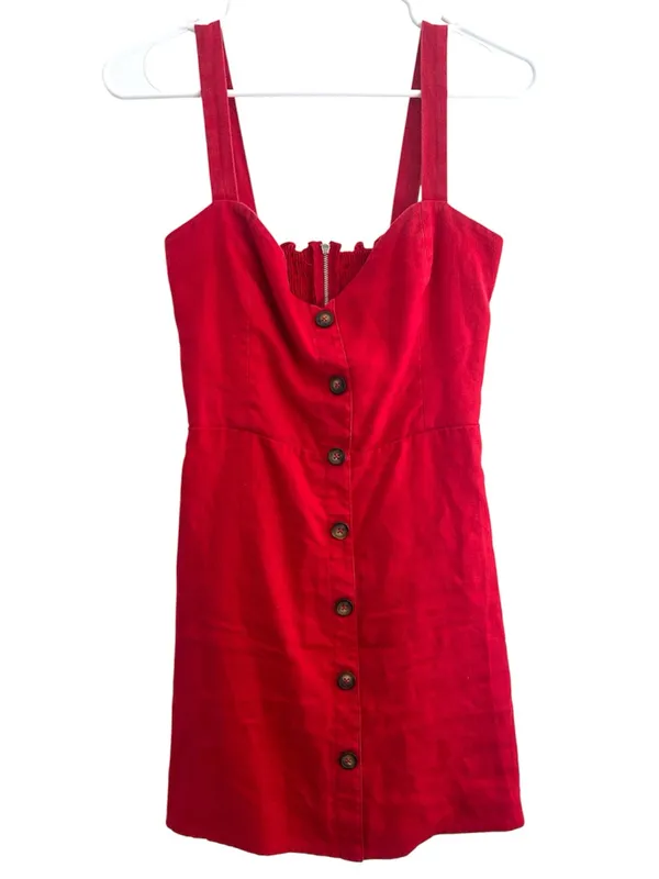 Reformation Red Button Smocked linen Mini Dress - Image 4