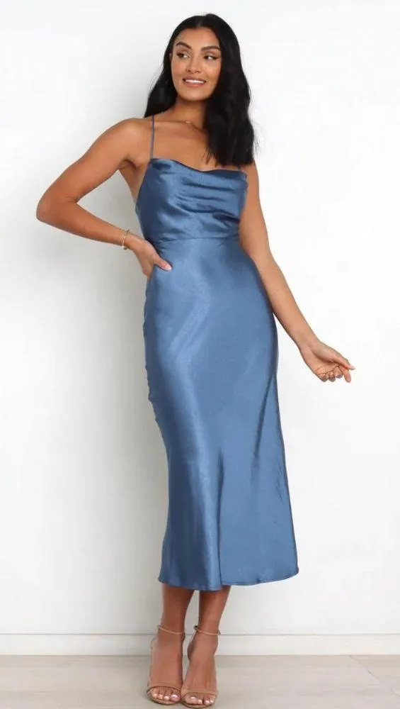 Petal & Pup Kamiya Blue Satin Strappy Back Maxi Dress 10 - Image 3
