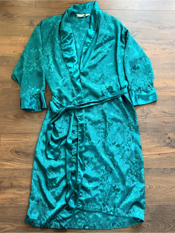 Vintage Victoria's Secret Teal Green Floral Jacquard Satin Robe P/S - Image 5