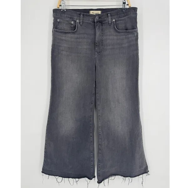 Madewell Flared Wide-Leg Jeans Size 31P‎ Gray Raw Hem High Rise Stretch Denim - Image 2