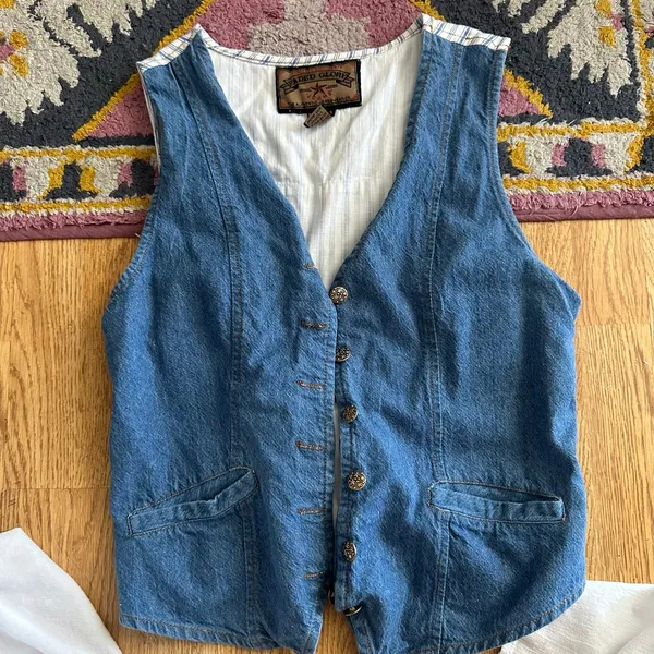 Faded Glory VTG Pinstripe Denim Button Front Cotton Vest White Blue Size Medium - Image 3