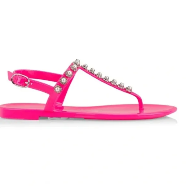 NEW STUART WEITZMAN Pearl Crystal-embellished Jelly Thong Sandals In Neon Pink - Image 3