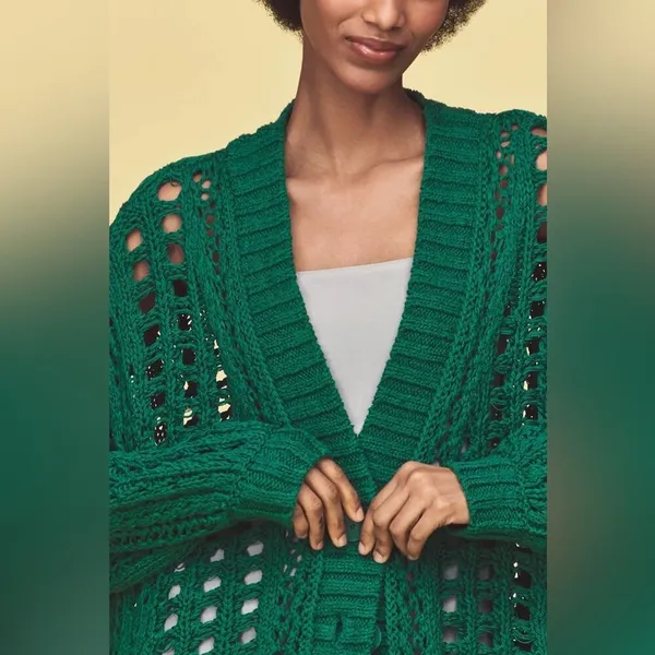 Maeve Anthropologie Teal Open Stitch Oversized Long Cardigan Sweater Small - Image 6