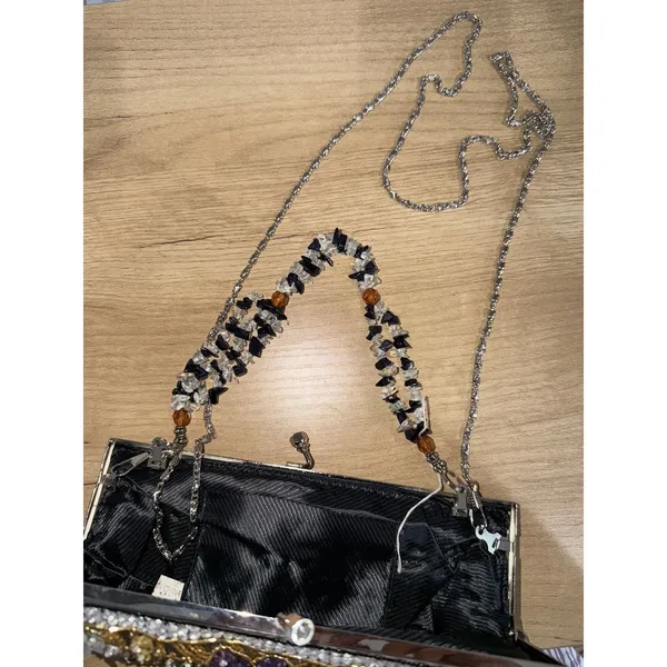 Small Satin Clutch Stitched And Beaded NWOT Floral Double Strap Handle T - Image 7
