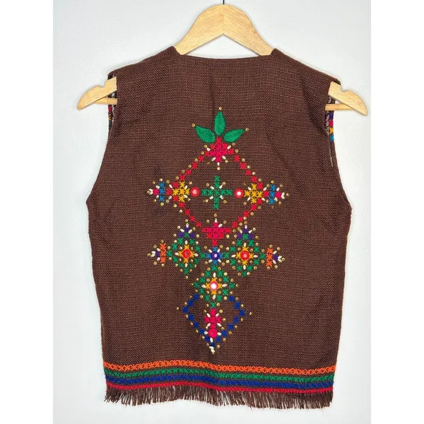 Vintage‎ Embroidered Knit Vest Womens Small Brown Boho Shell Fringe Trim - Image 2