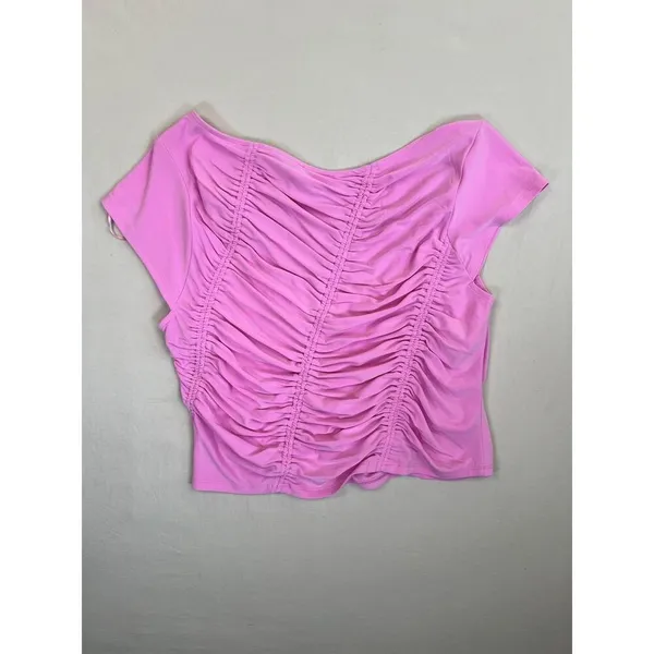 Open Edit Pink Ruched Short Sleeves Scoop Neck Stretchy Top Assymetrical Size L - Image 3
