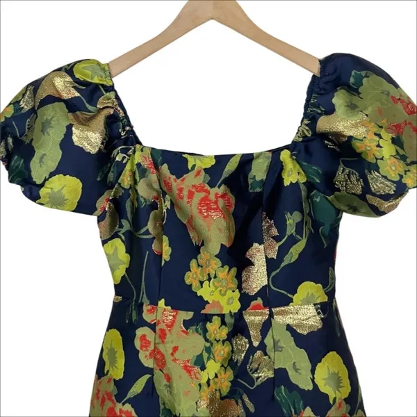 Lulus So Stunning Navy Blue Floral Jacquard Puff Sleeve Mini Dress Size Small - Image 4