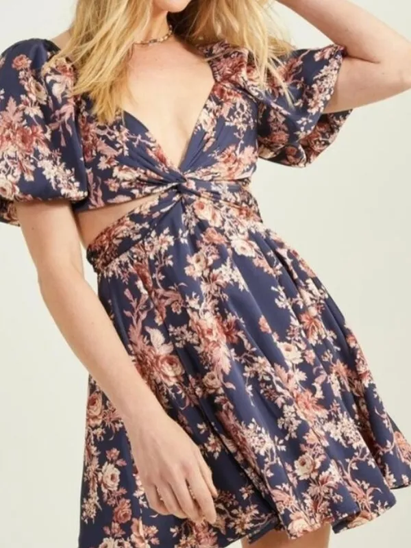 Altar'd State Annmarie Navy/Brown Floral Cutout Dress - Image 10