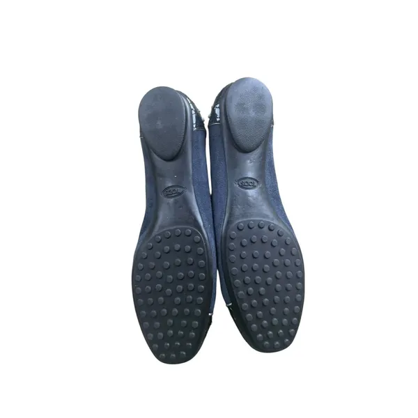 Tod’s Women’s 37.5 US 7.5 Blue Suede Ballet Flats Studded Patent Leather Bow Y2K - Image 5