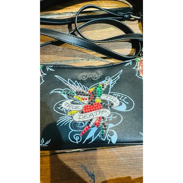 ED HARDY Y2K Black Red True Til Death Faux Leather Roses Shoulder Bag Purse - Image 7