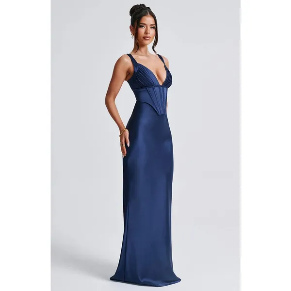 NWT Babyboo Shae Navy Blue Satin Corset Lace Up Back Maxi Dress Womens Size XS - Image 5
