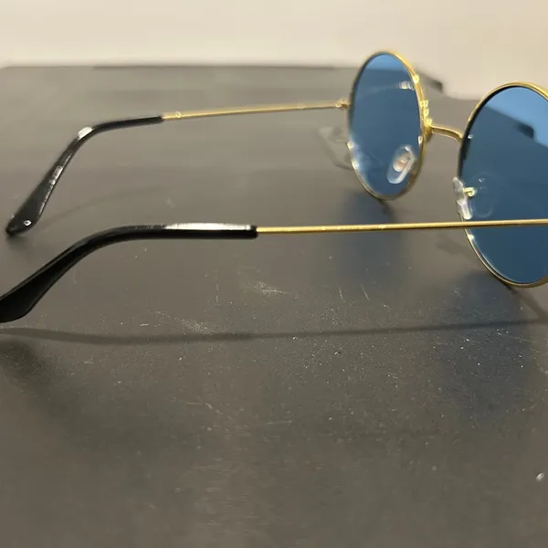 Round Gold Frame Sunglasses with Blue Lenses - Image 9