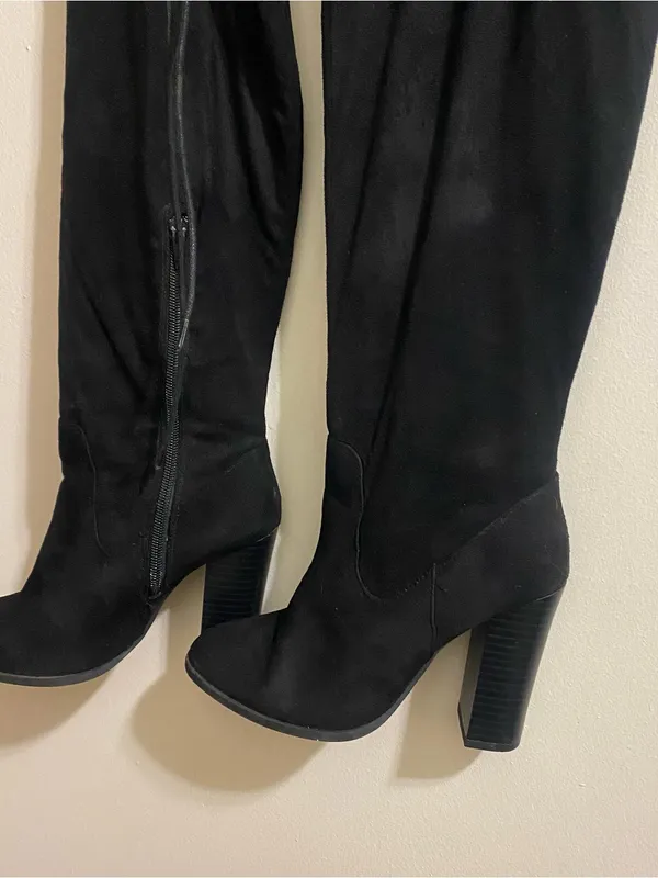 X2B Womens Size 6.5 6 1/2 Black Faux Suede 25” Tall Boots 3.75” Chunky Heel Ties - Image 4