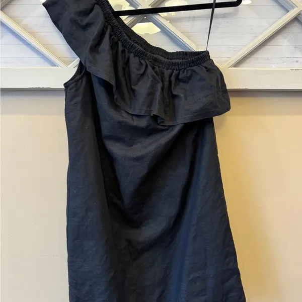 J.Crew Black‎ Linen Blend Ruffle One Shoulder Shift Dress Size S - Image 3
