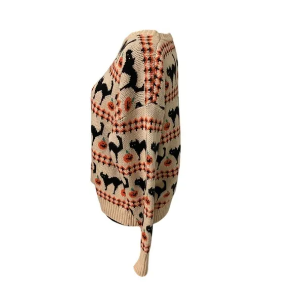 Source Unknown Halloween Sweater XL Black Cat Pumpkin Jack O Lantern Cream Knit Pullover - Image 5