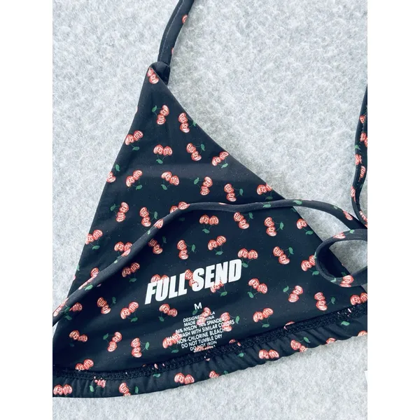 Full Send Cherry Print Bikini Triangle Top Tie String Swimsuit Black Medium New! - Image 3