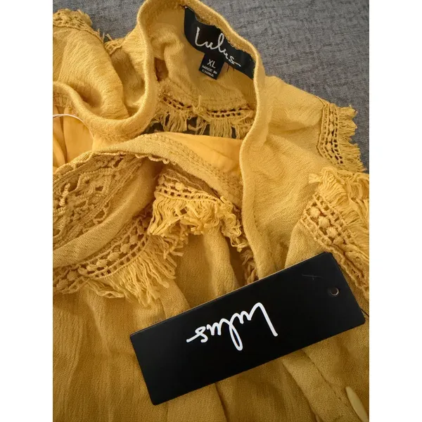 Lulus Mustard Yellow Strapless Boho Mini Dress Crochet Fringe Tassel‎ XL NEW - Image 6
