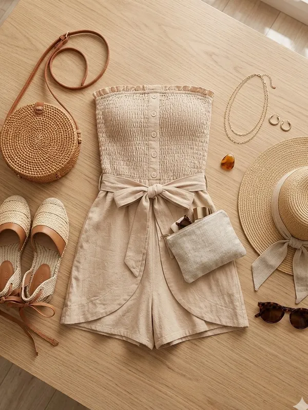 Strapless Smocked rap waist Romper in Beige size small but I’m a 6/8 & it fits - Image 2